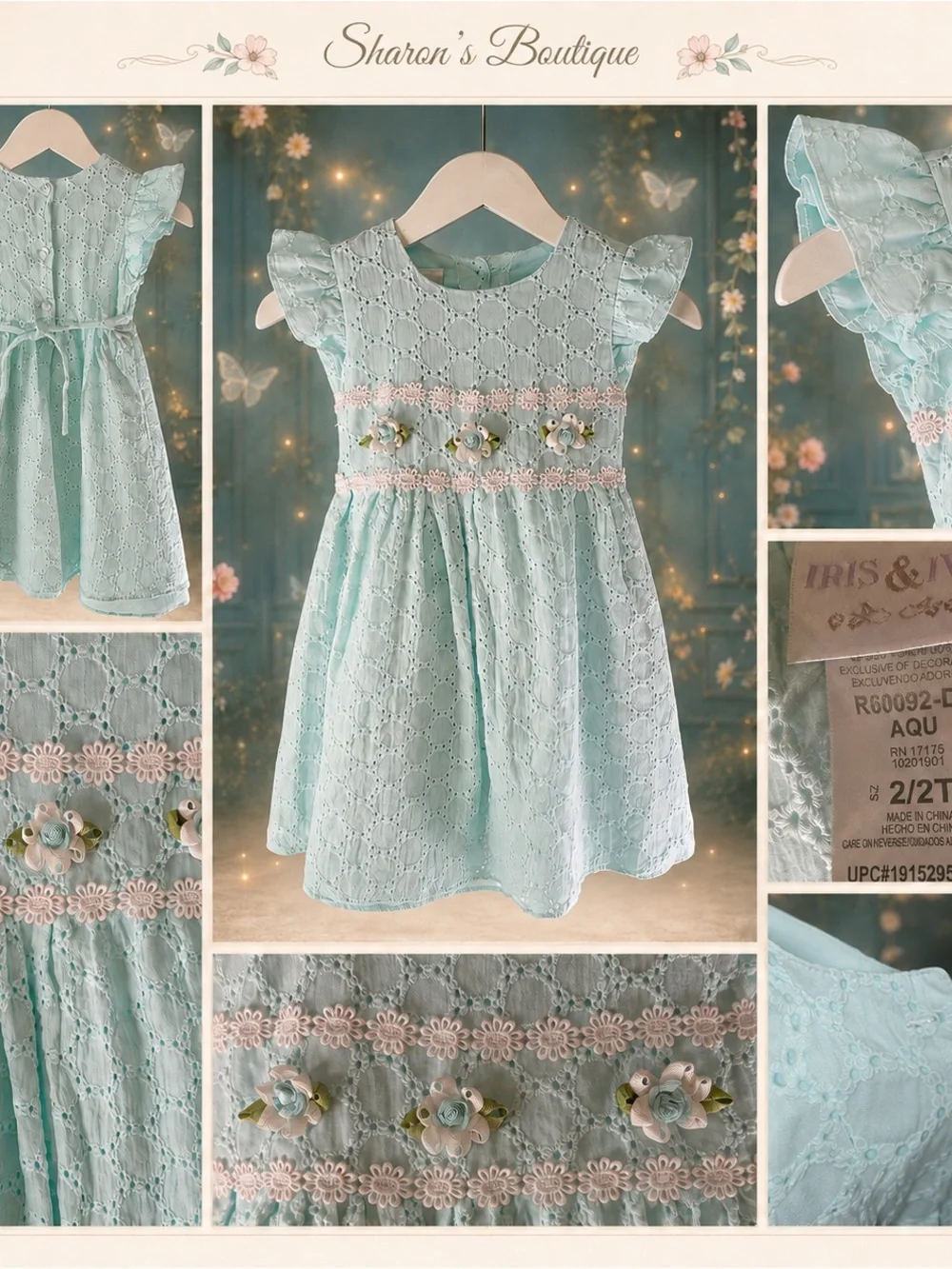 Iris & Ivy Girls 2T Mint Eyelet Rosette Flutter Sleeve Dress